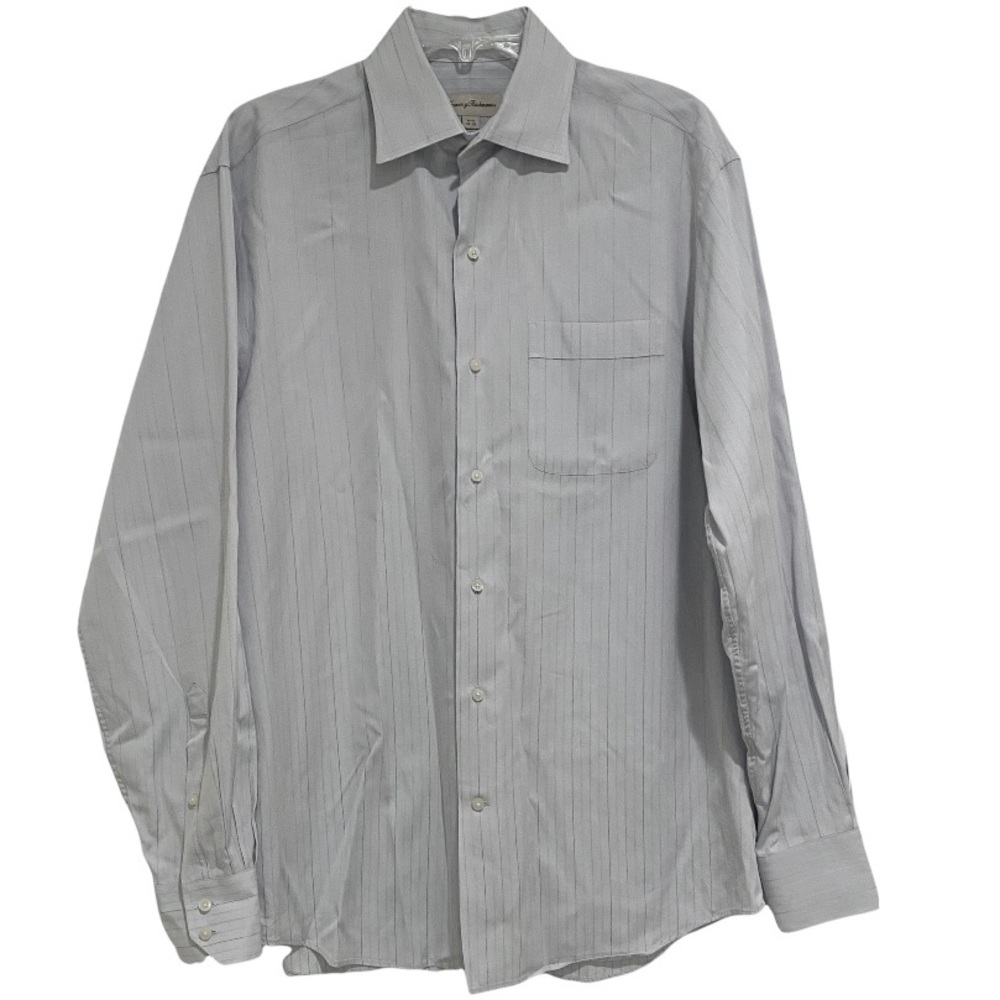 Tommy Bahama Long Sleeved Button Down Shirt Pale Blue w/ Carmel Brown Stripes